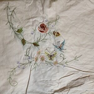 Vintage Tablecloth Embroidered Floral Butterfly‎ Pink Cotton 62 X 82